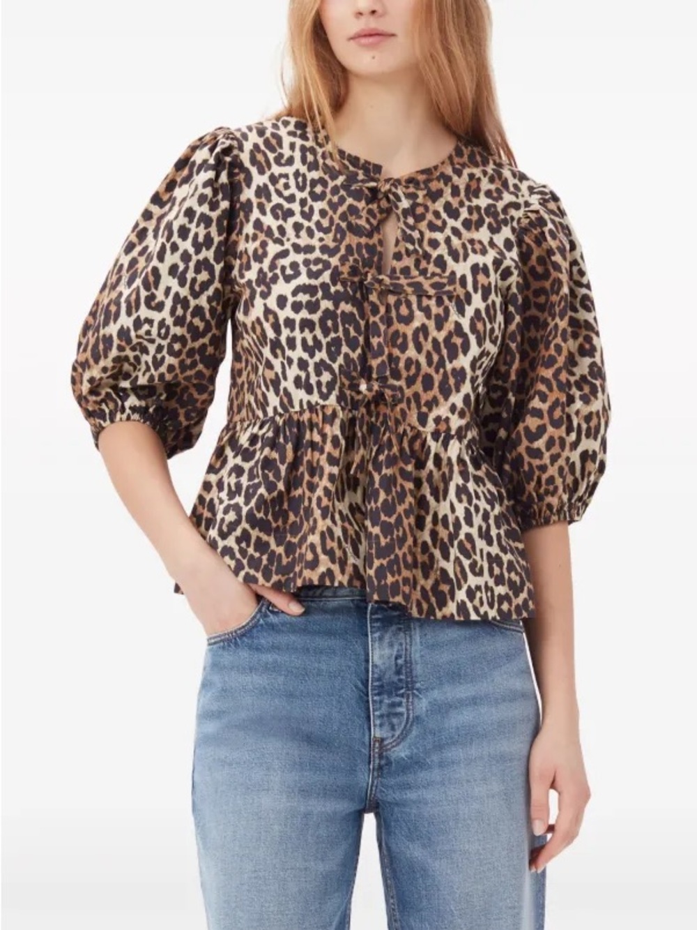 Ganni Leopard Cotton Poplin Peplum Tie Blouse, Size 42